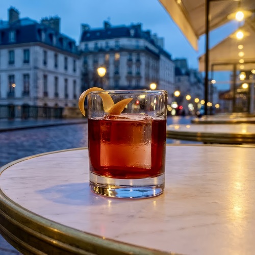 A Boulevardier cocktail with a large ice cube in a rocks glass, garnished with orange zest. A balanced bittersweet drink.