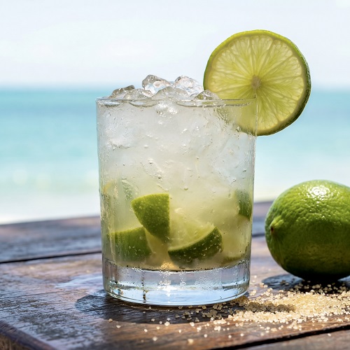 A classic Brazilian Caipirinha cocktail made with cachaça, fresh lime wedges, sugar, and crushed ice, muddled in a rocks glass