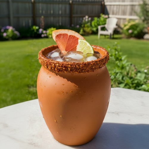 Cantarito cocktail in traditional clay cup