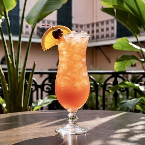 Classic Hurricane cocktail in a hurricane glass: rum, passion fruit, citrus, garnished with orange slice and cherry.