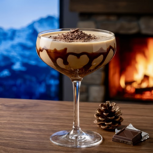 Creamy Mudslide cocktail in a glass, garnished with chocolate shavings.