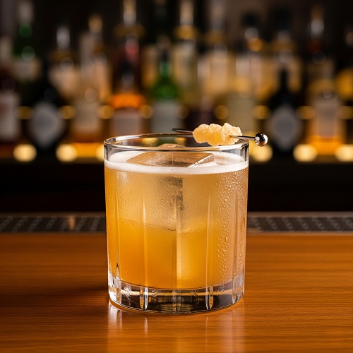Smoky Penicillin cocktail in rocks glass with candied ginger garnish.