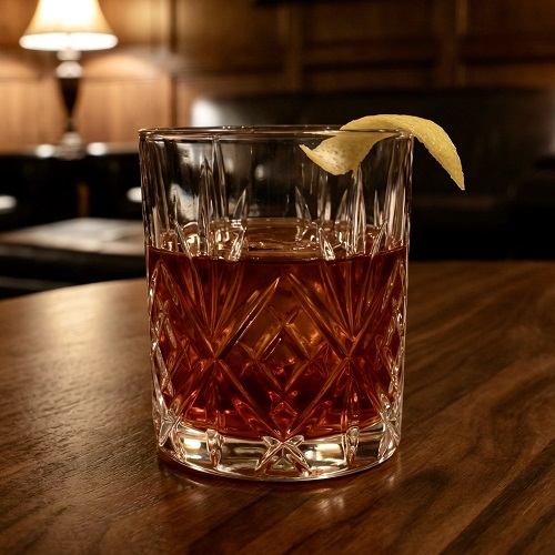 Sazerac cocktail in a rocks glass,garnished with lemon peel.